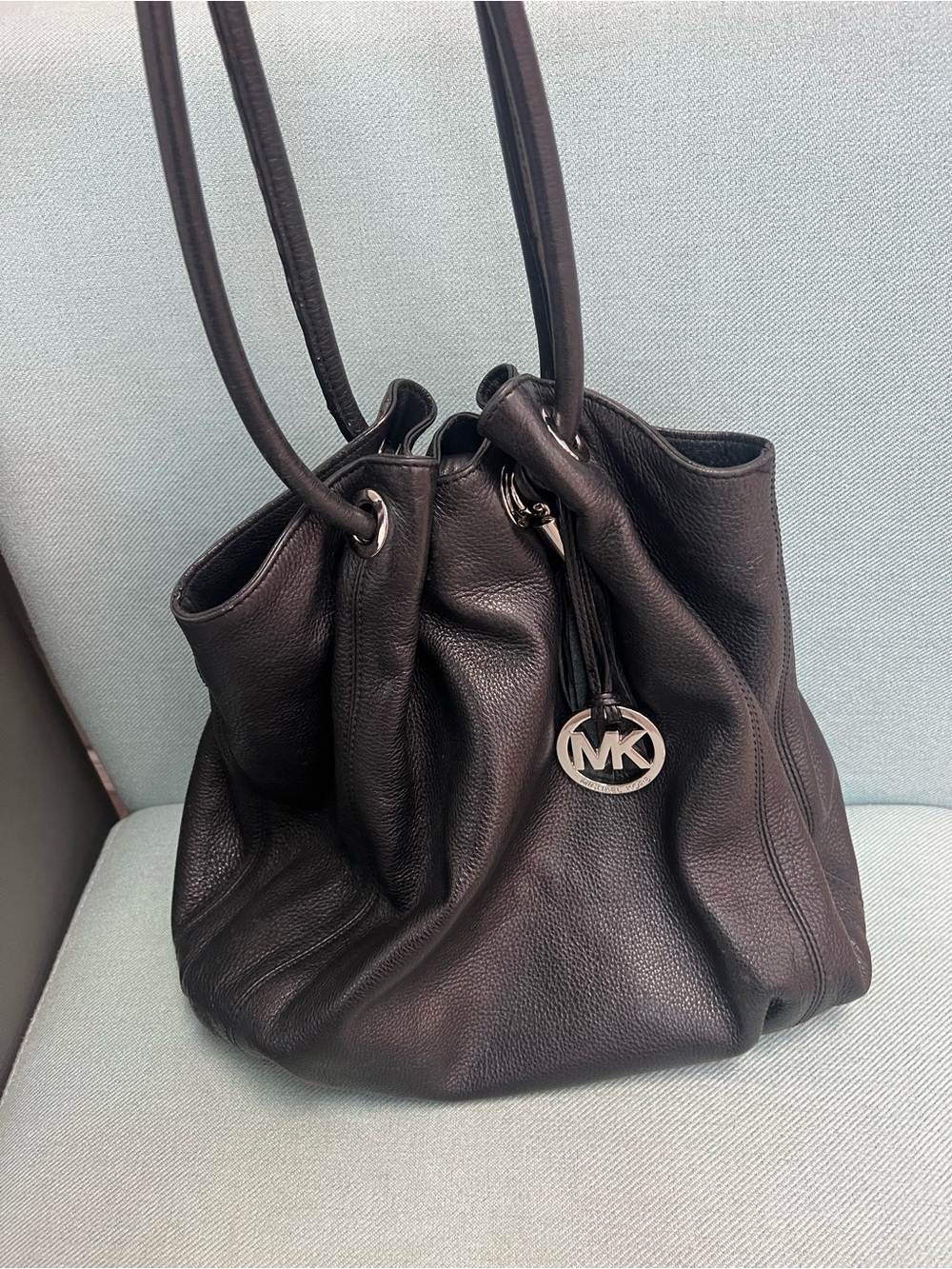 Michael Kors Black Pebbled Leather Drawstring Shoulder Tote